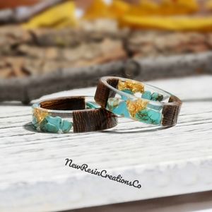 Cute Dainty Turquoise Stone Gold Leaf Wood Inlay ResinRing